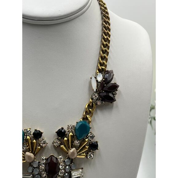 J. Crew Vintage Art Deco Blue Brown Rhinestone Stacked Statement Necklace - Picture 9 of 10